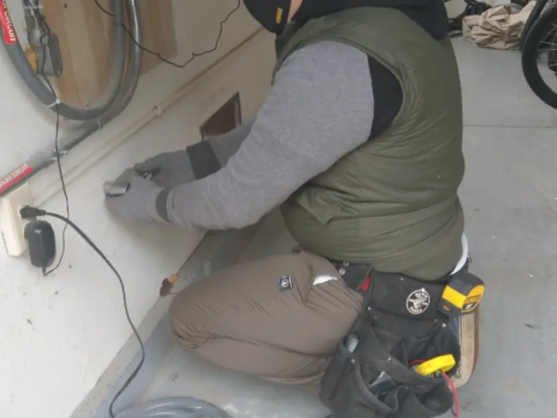 Electrician performing outlet wiring in a Stratmoor garage
